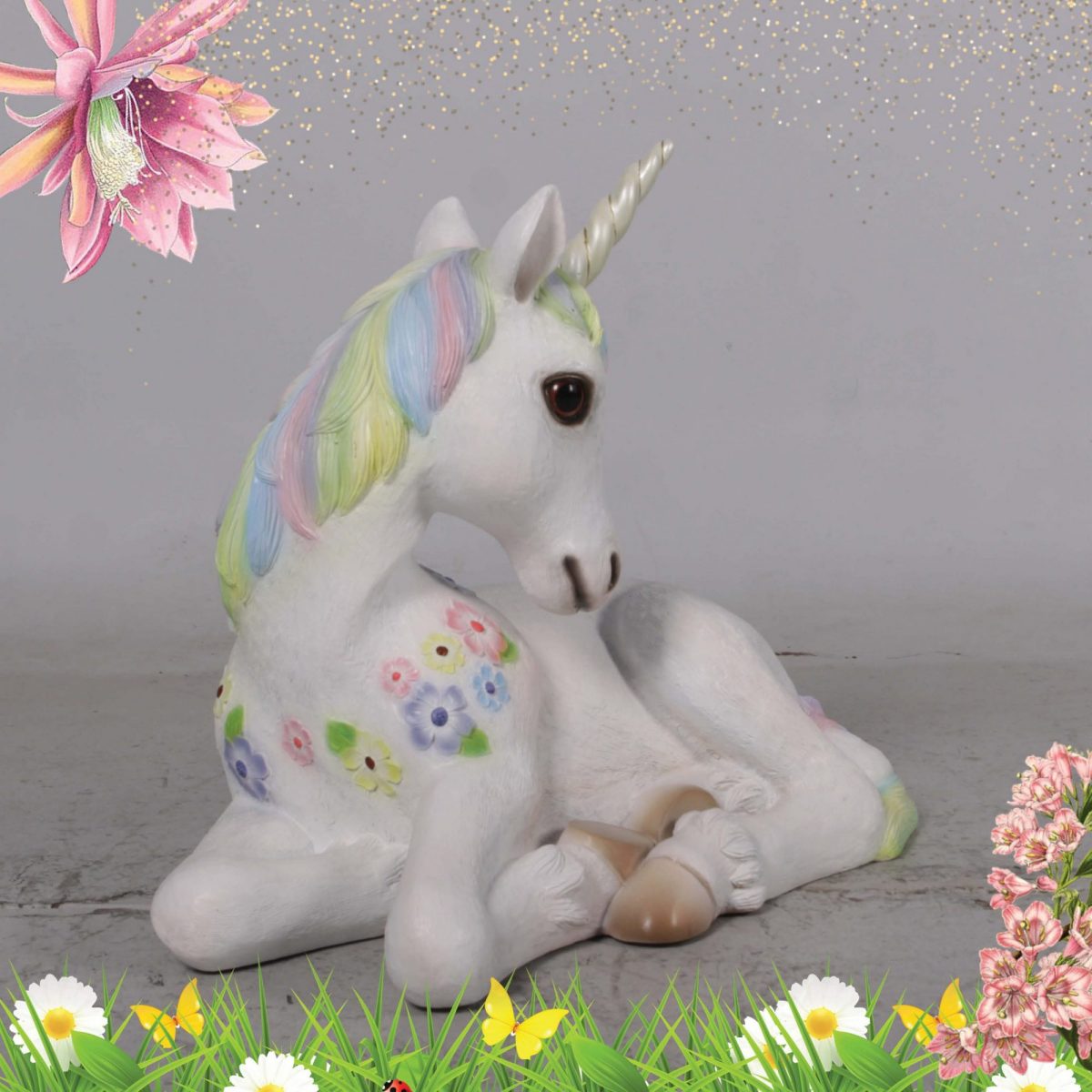 Natureworks Australia Unicornfoalresting statue rainbowcolour