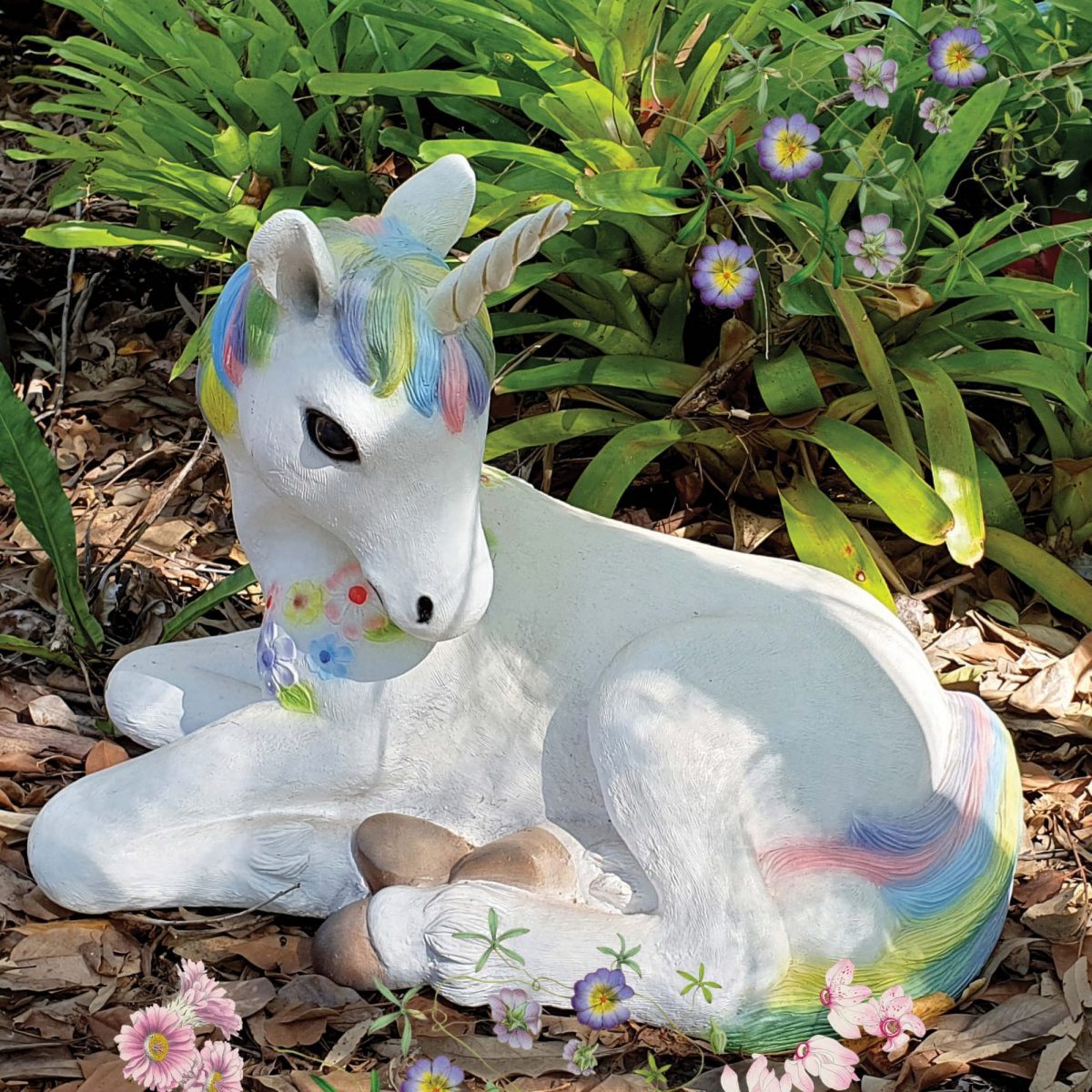 Natureworks Australia Unicornfoalresting statue rainbowcolour outsideview