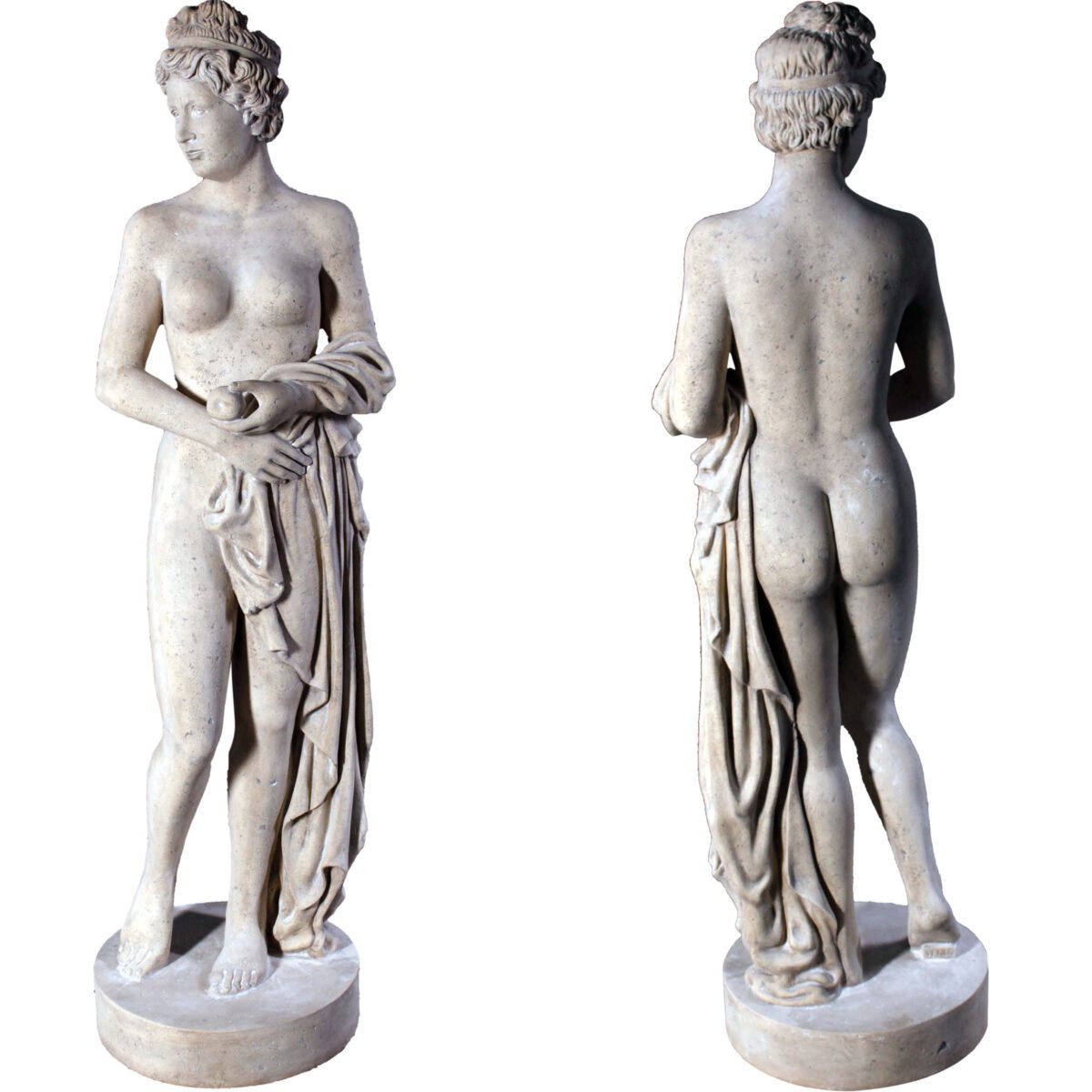 Natureworks Australia Venus holding apple - statue - 090041Rs - Roman stone - showing front and rear view of statue
