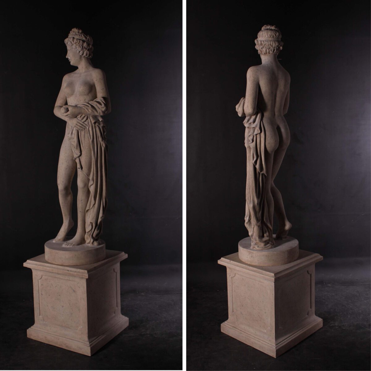 Natureworks Australia Venus holding apple - statue - 090041Rs - Roman stone - showning angle view on a base - base not included