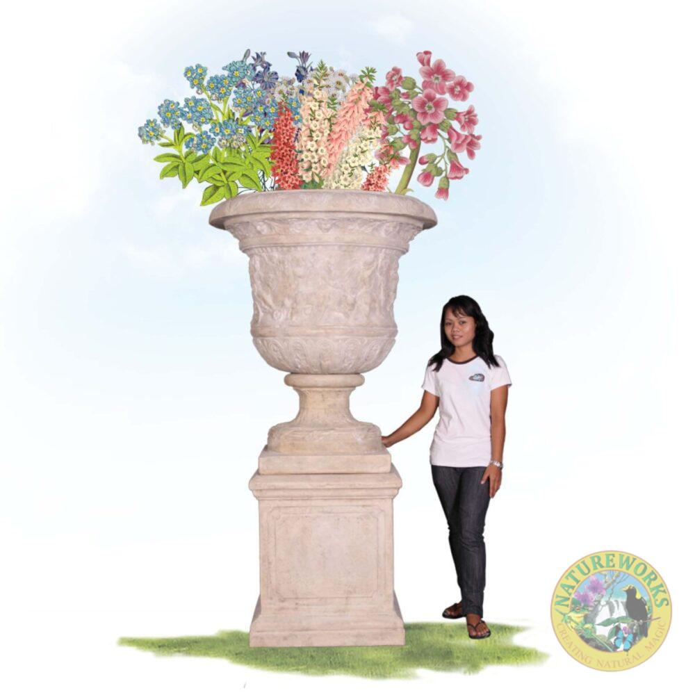 Versailles urn on base - large -050508RS - shown with flowers and girl