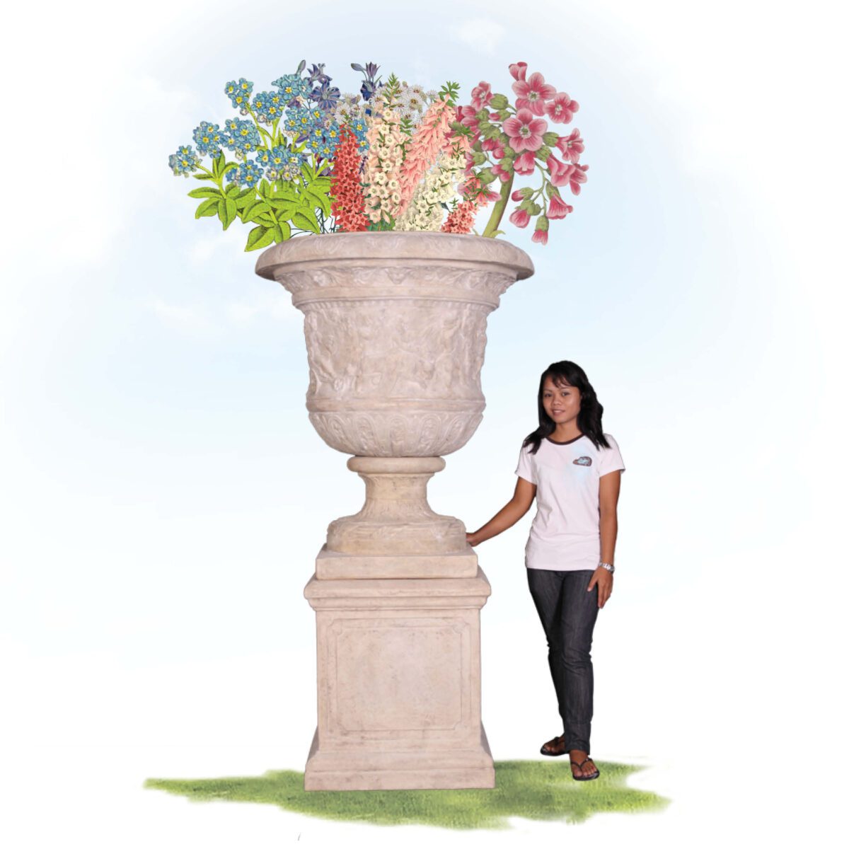 Natureworks Australia Versailles urn on base - large -050508RS - shown with flowers and girl