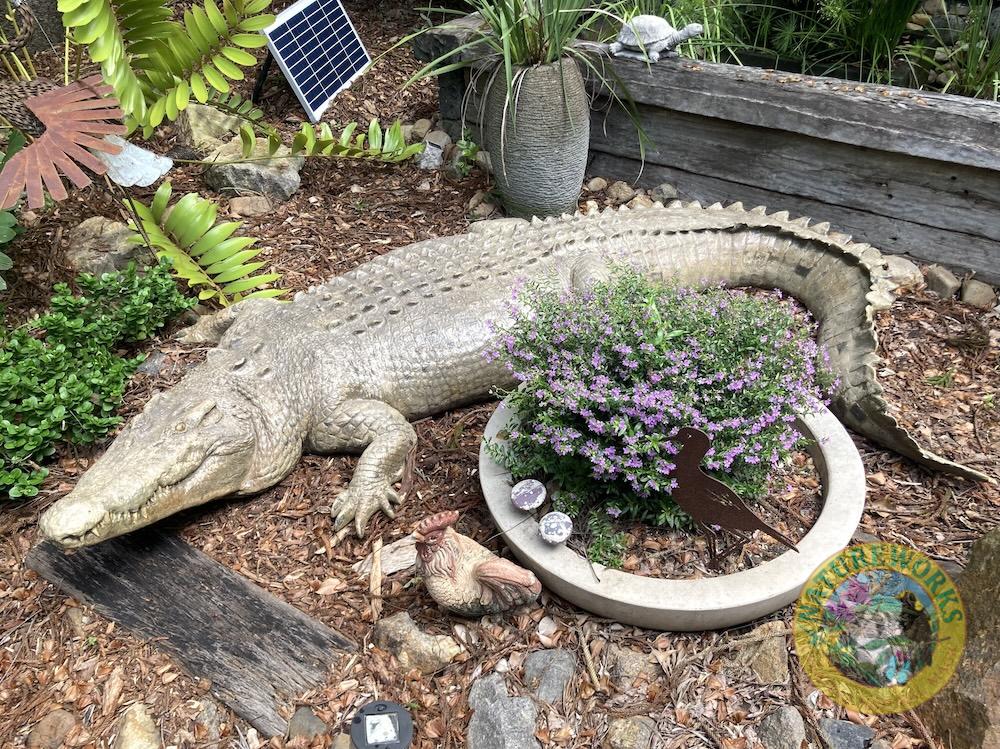Natureworks Australia 12ft long saltwater crocodile statue in garden - side view - 080123