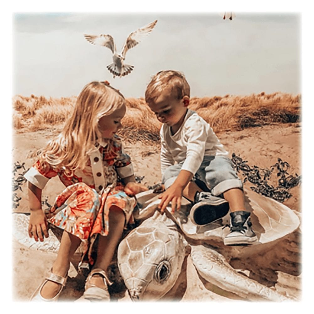 Turtle displayed in exhibit with children