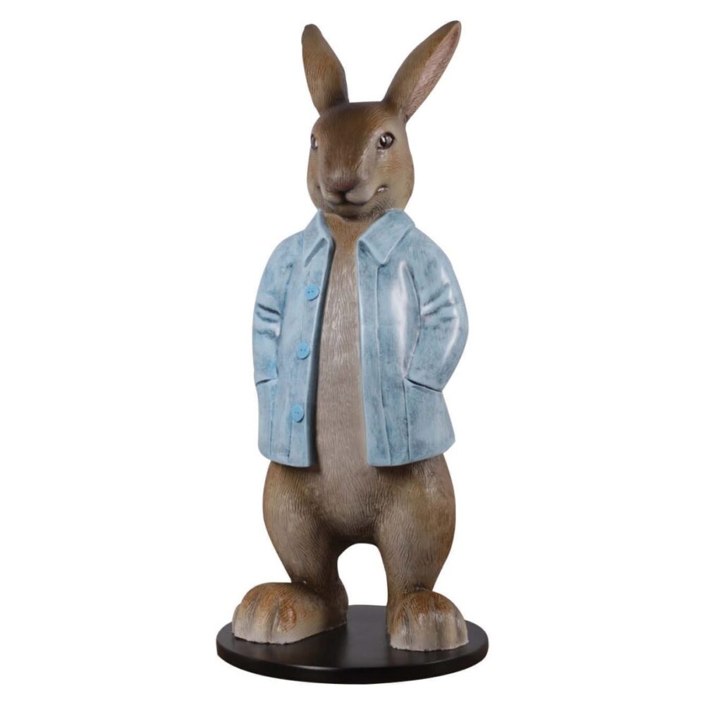 Rabbit statue with a blue coat