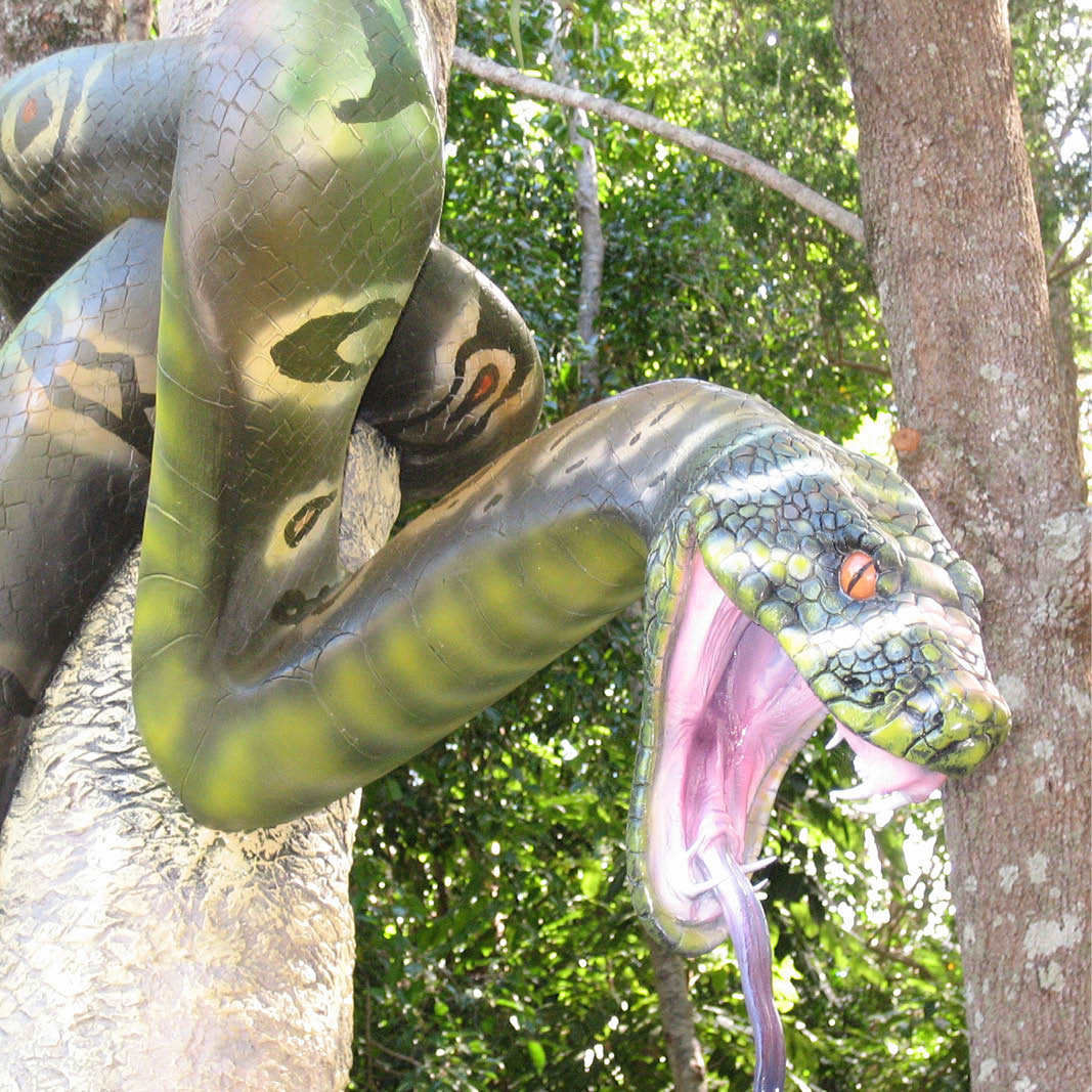 Natureworks Australia Montypythonoides Riversleighensis - Megafauna Snake entry statement - Custom designed for Currumbin Wildlife Sanctuary- Shown in situ looking down close up of snake