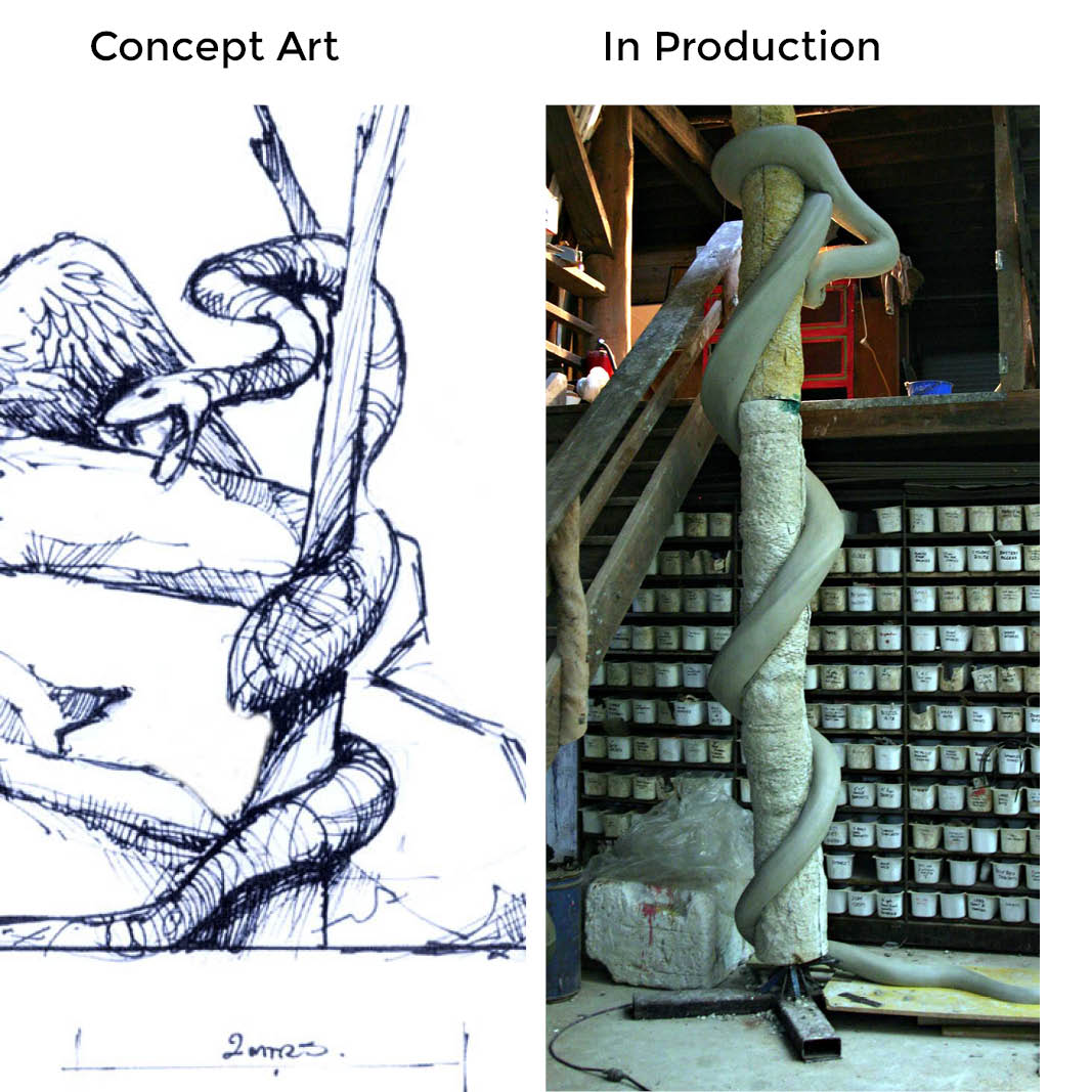 Natureworks Australia Montypythonoides Riversleighensis - Megafauna Snake entry statement - Custom designed for Currumbin Wildlife Sanctuary- Shown - showing concept art and in production clay model
