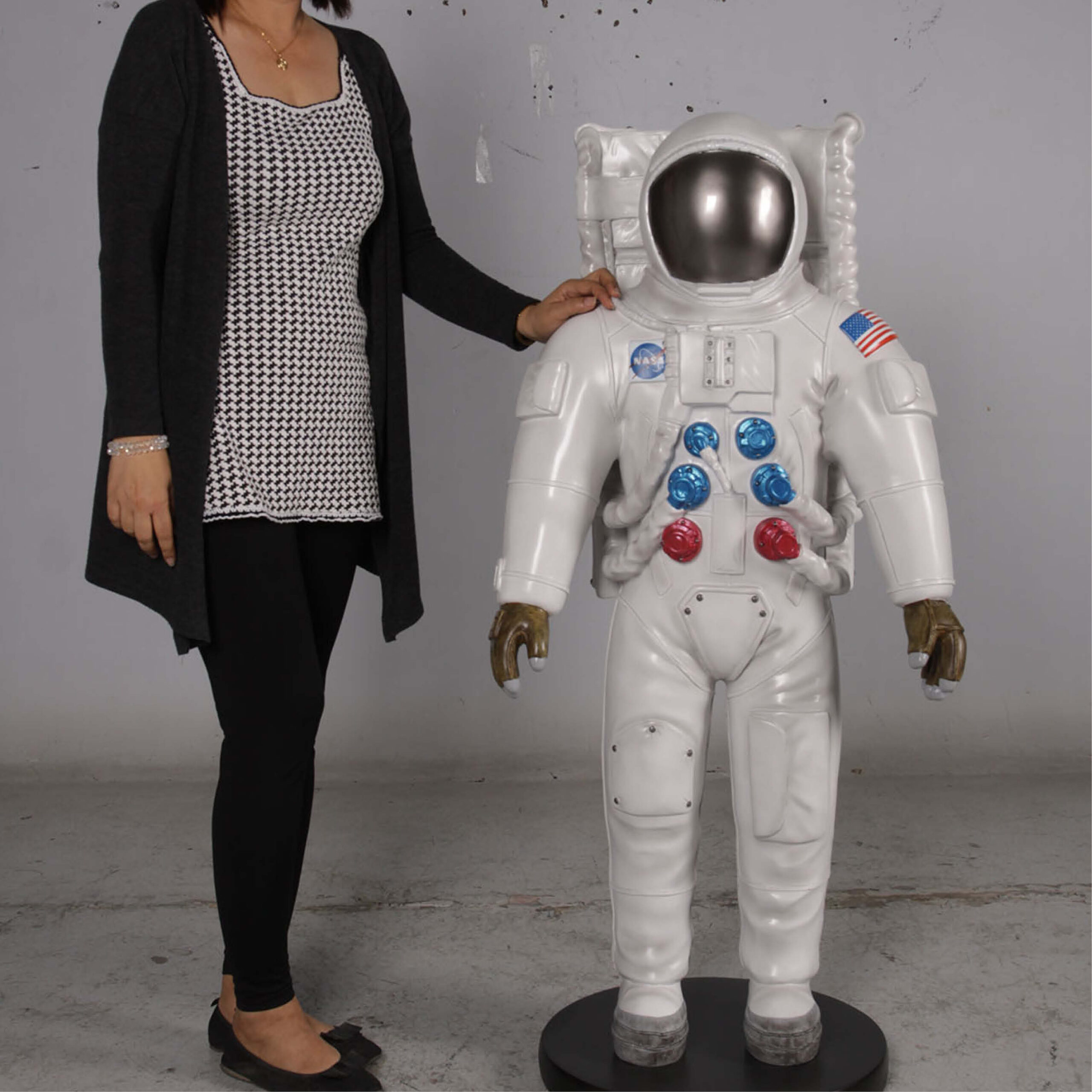 Natureworks Australia Astronaut 4ft - standing pose on base plate - themed prop - sku - 180225- shown with lady