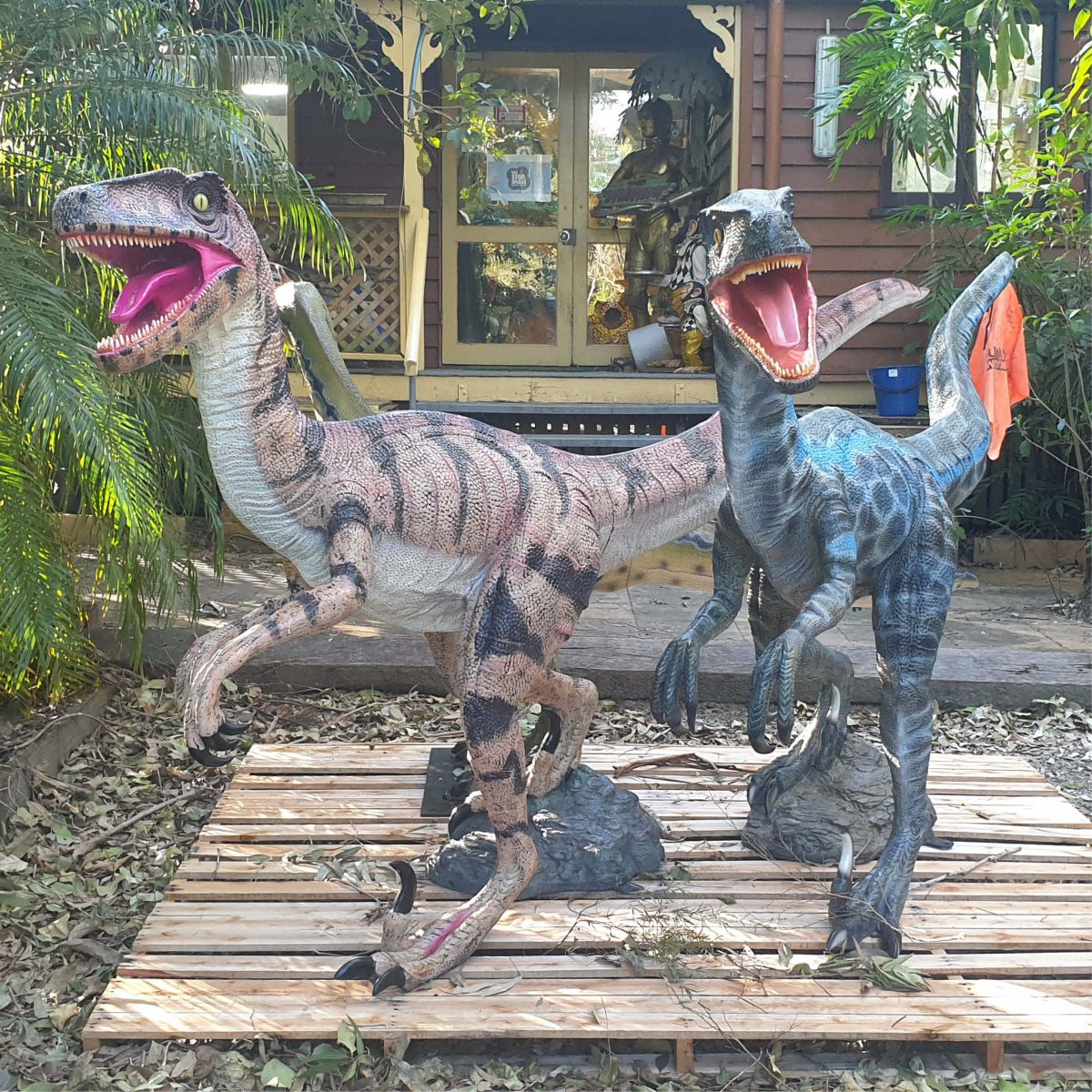 Natureworks Australia Velociraptor Dinosaur sculpture - Showing blue and natural version together