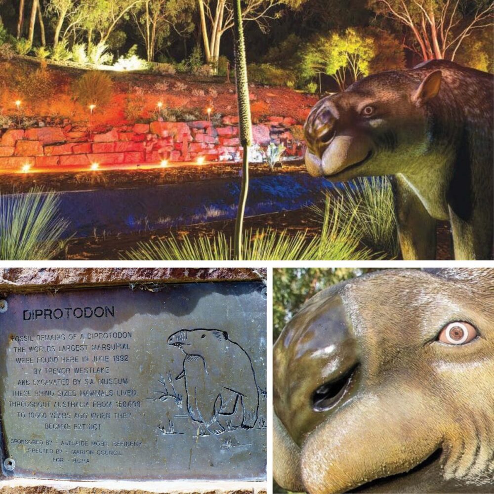 Diprotodon optatum - megafauna marsupial - life-size sculpture - Aust Nat Botanical Gardens display and bronze Plaque