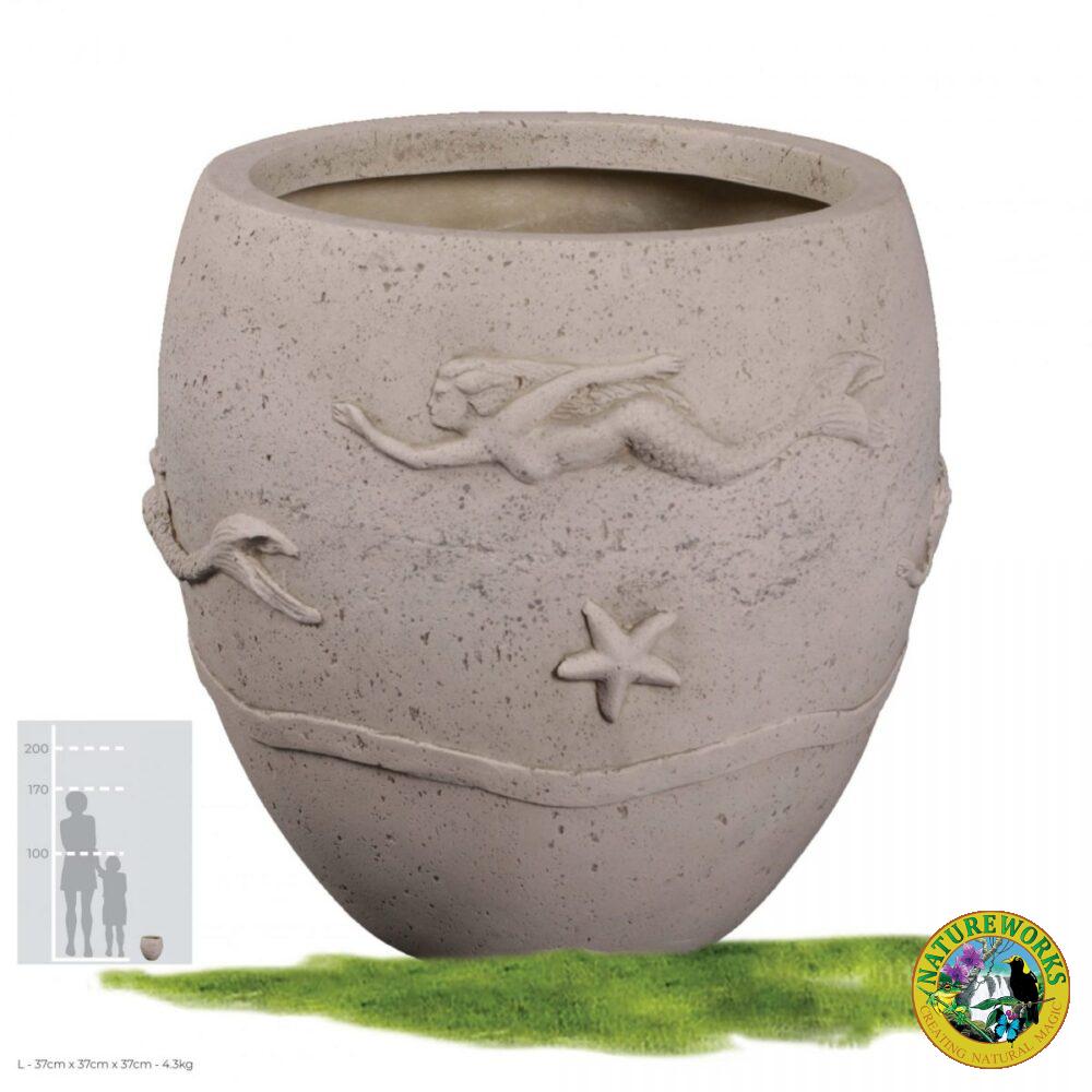 MermaidPlanter RoundPotwithmarine themedmotifs (Whitestonefinish)