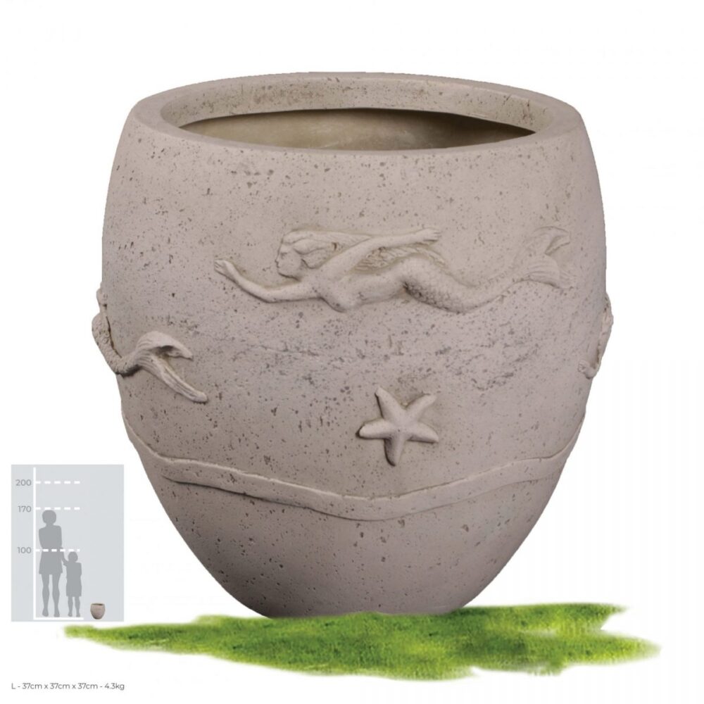 MermaidPlanter RoundPotwithmarine themedmotifs (Whitestonefinish)