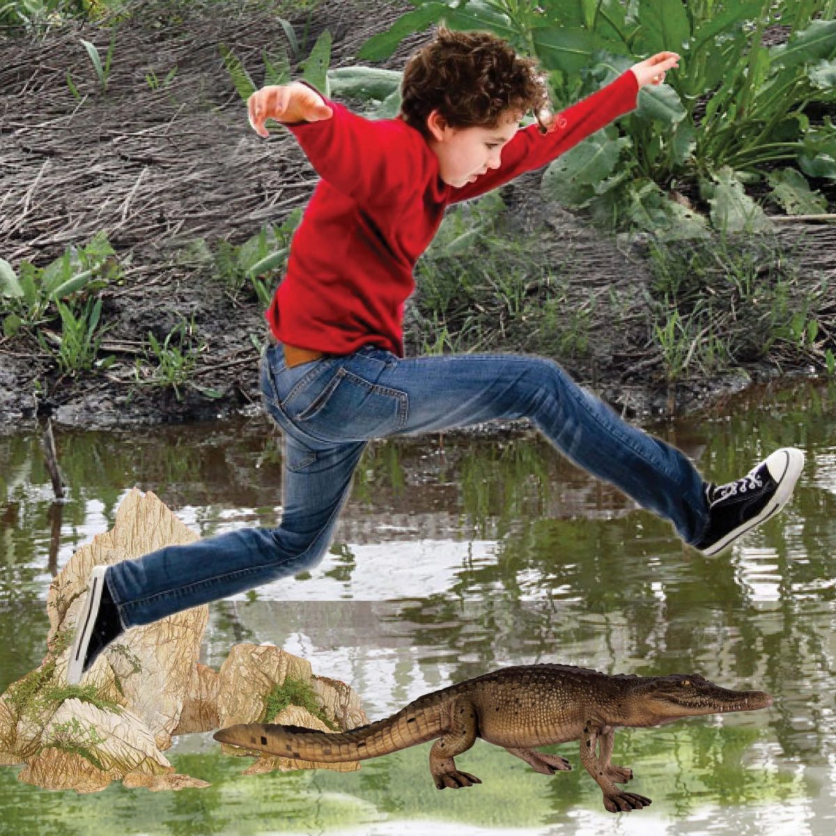 Natureworks Australia Crocodile 4ft walking - boy jumping over croc