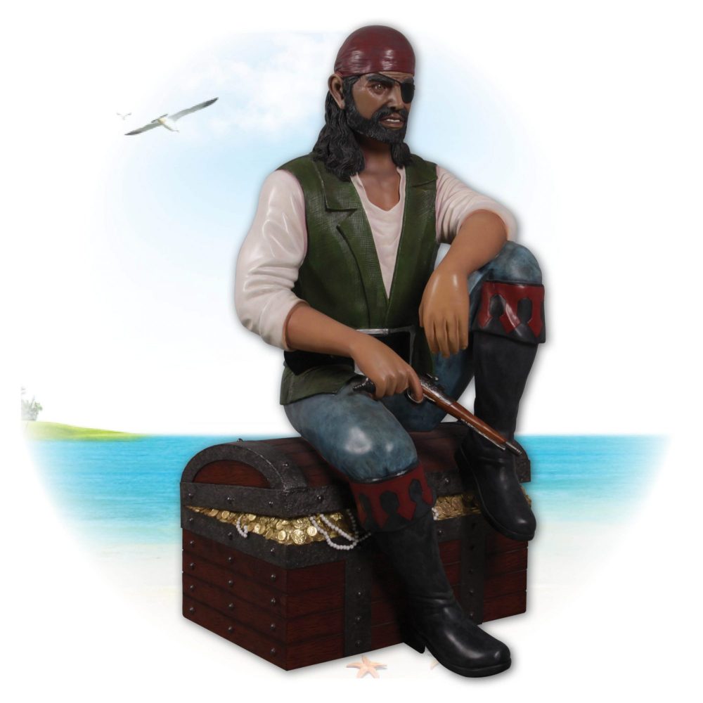 Realistic life-size Pirate sitting on Treasure chest statue