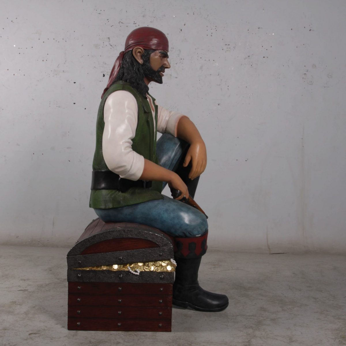 Natureworks Australia Realistic life-size Pirate sitting on Treasure chest statue