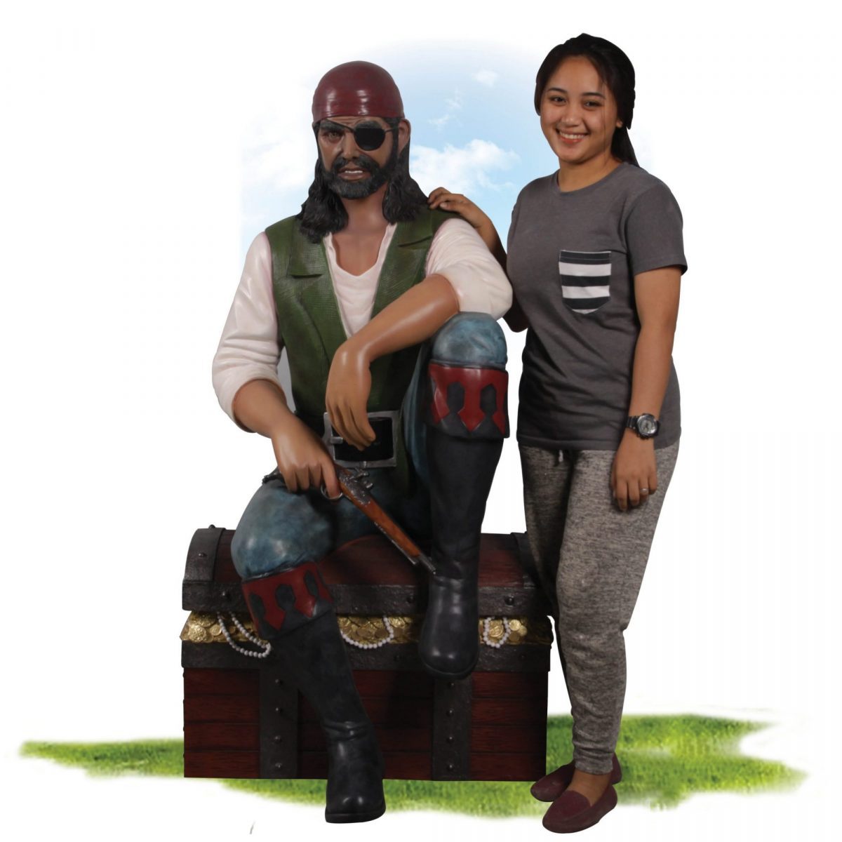 Natureworks Australia Realistic life-size Pirate sitting on Treasure chest statue