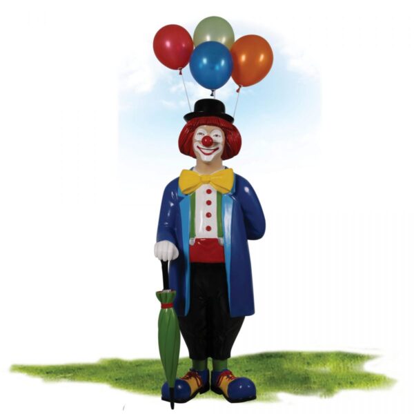 Friendly Clown statue with umbrella and baloons