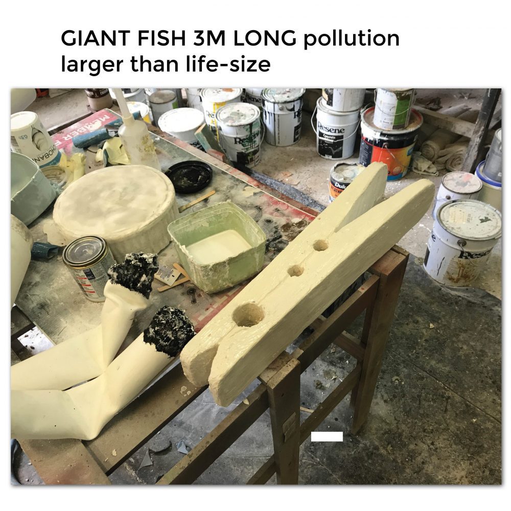 Fish 3m long with pollution debris- showing larger than life-size pollution debris
