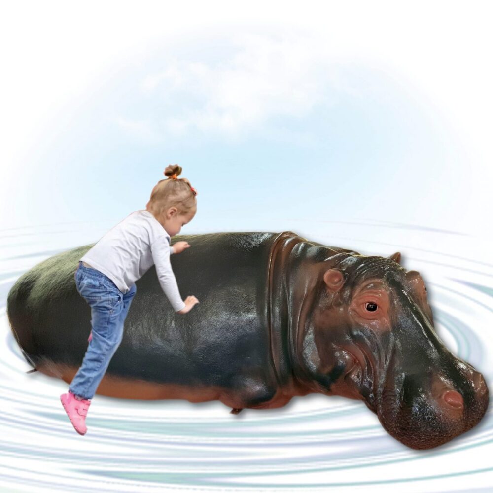 Hippo Adult - 2.7m long- half - with little girl climbing on water play hippo