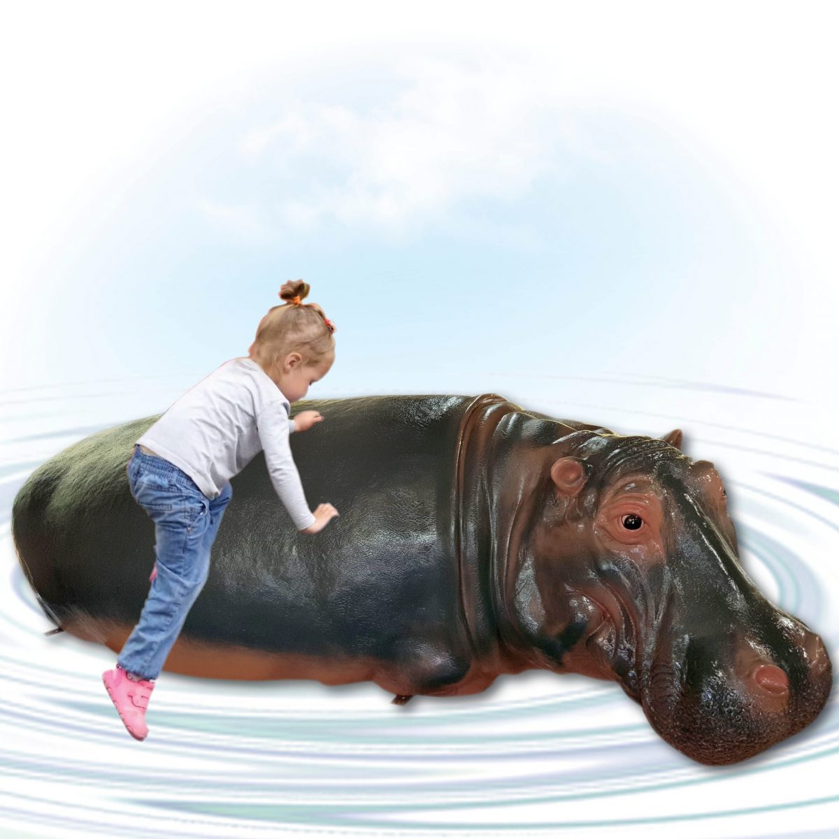 Natureworks Australia Hippo Adult - 2.7m long- half - with little girl climbing on water play hippo
