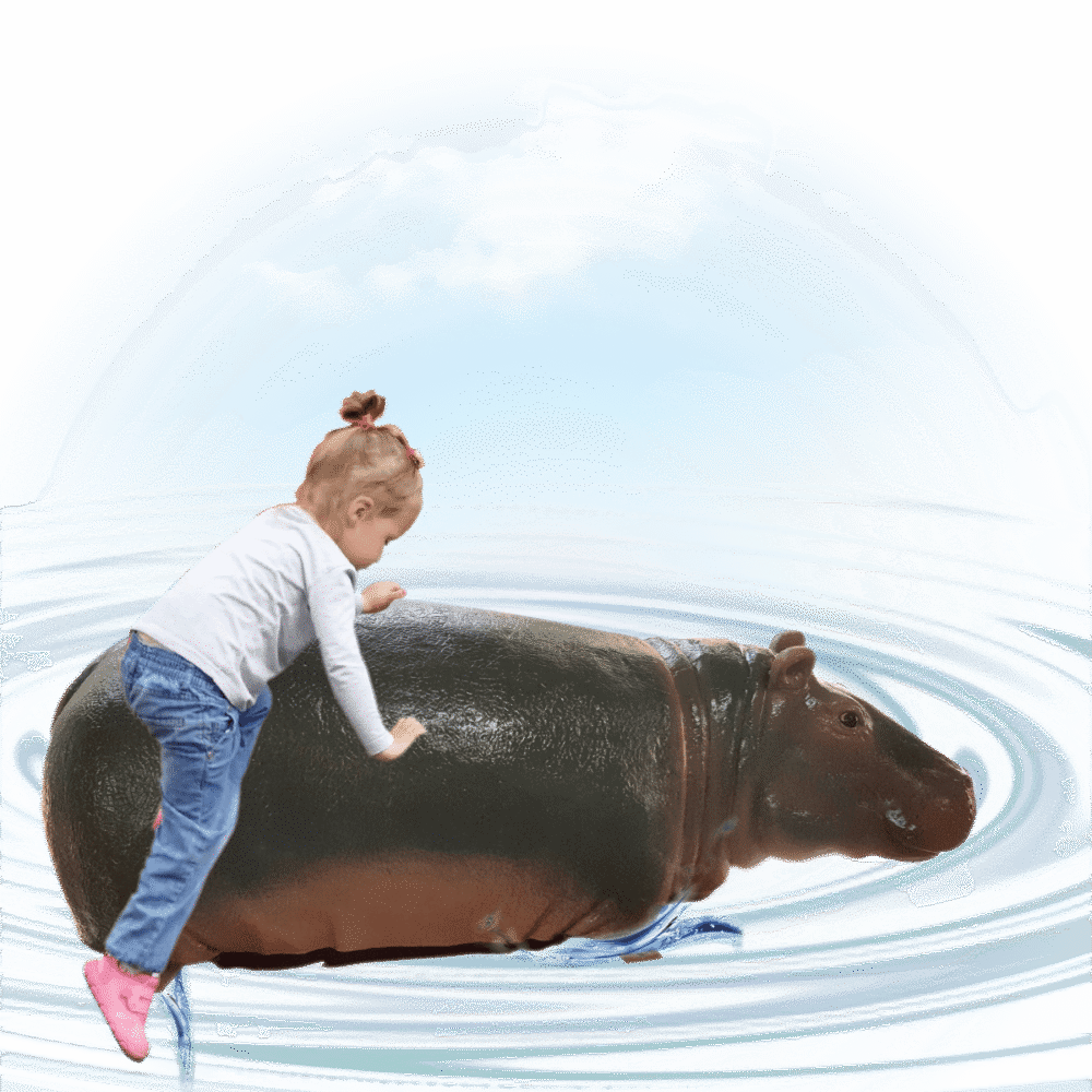 Hippo Calf- 1.2m long- with little girl climbing on water play hippo