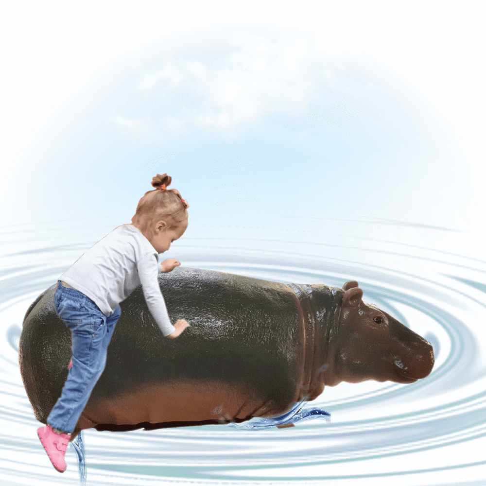 Hippo Calf- 1.2m long- with little girl climbing on water play hippo