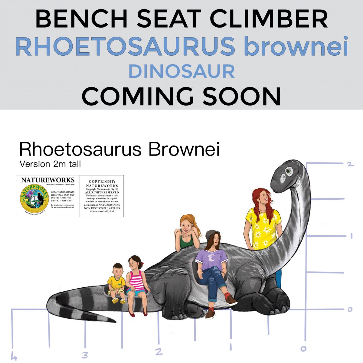 Natureworks Australia Rhoetosaurus brownie dinosaur – Bench Seat Climber – 2m high – Coming Soon