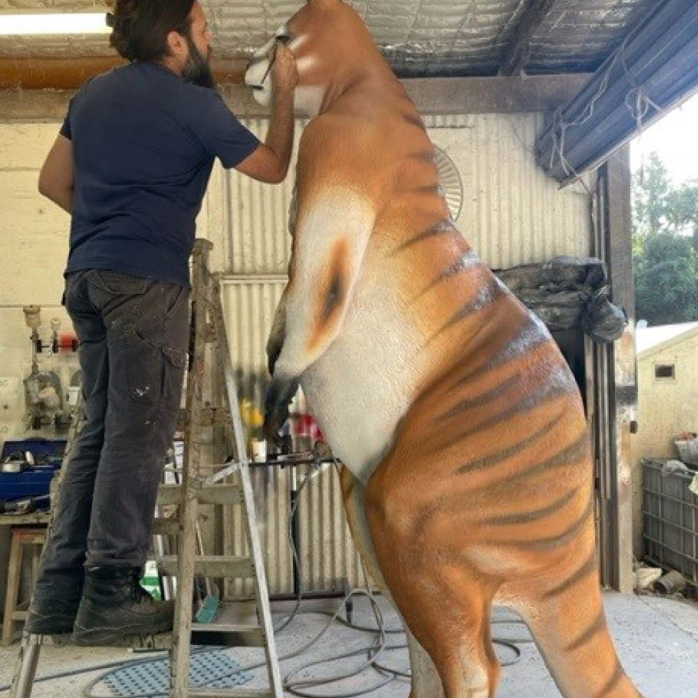 Natureworks Australia Procoptodon Goliah - Megafauna sculpture - of a giant Kangaroo - shown in workshop at Natureworks studio finishing paint details