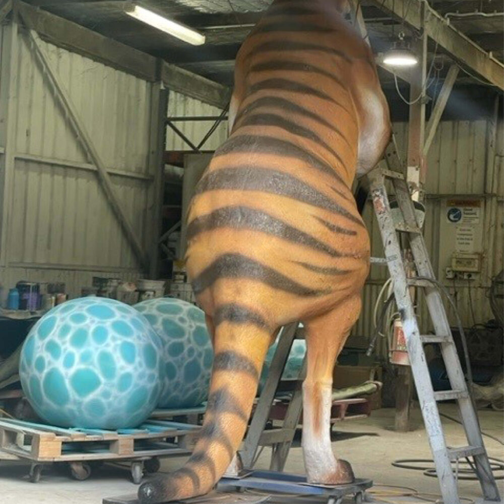 Procoptodon Goliah - Megafauna sculpture - of a giant Kangaroo - shown in workshop at Natureworks studio rear view showing paint details