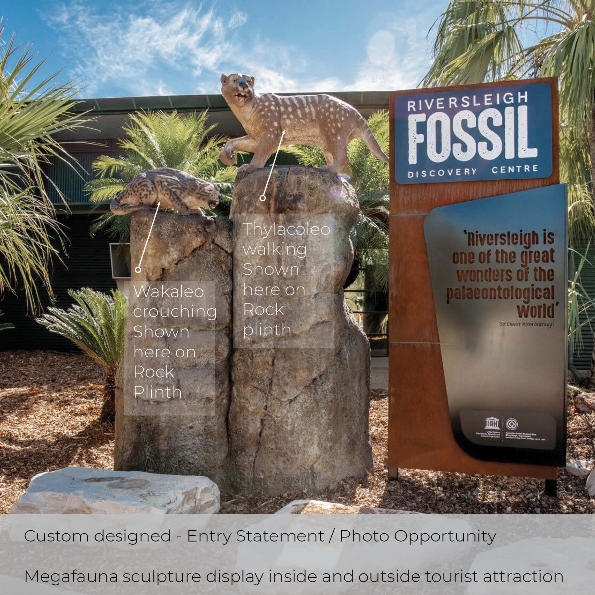 Natureworks Australia Mt Isa fossil centre entry statement - with Thylacoleo and Wakoleo on large rock