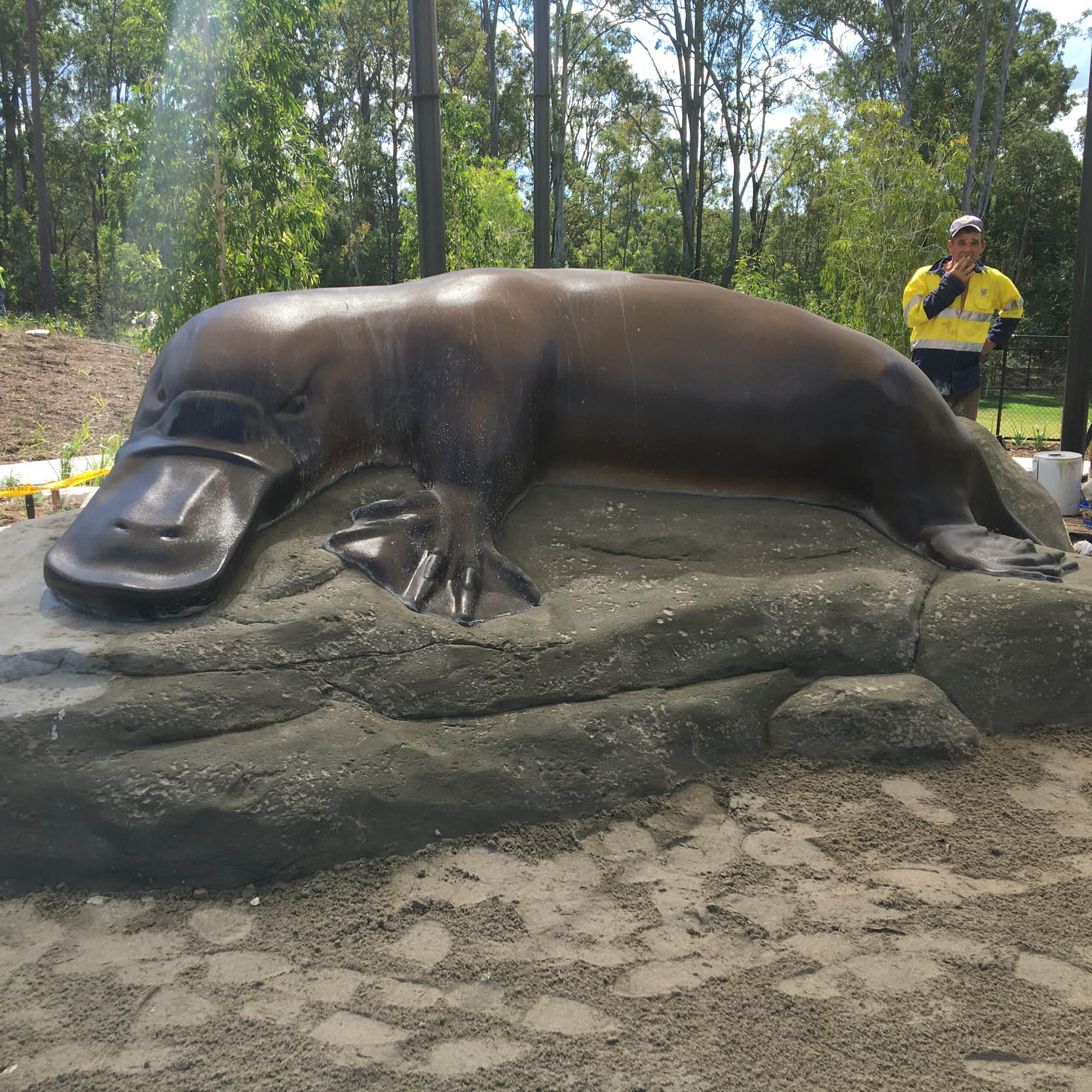 Natureworks Australia Platypus Slide installed in a playground custom sculpt with artificial rock base constructed onsite by Natureworks team. - front angle view