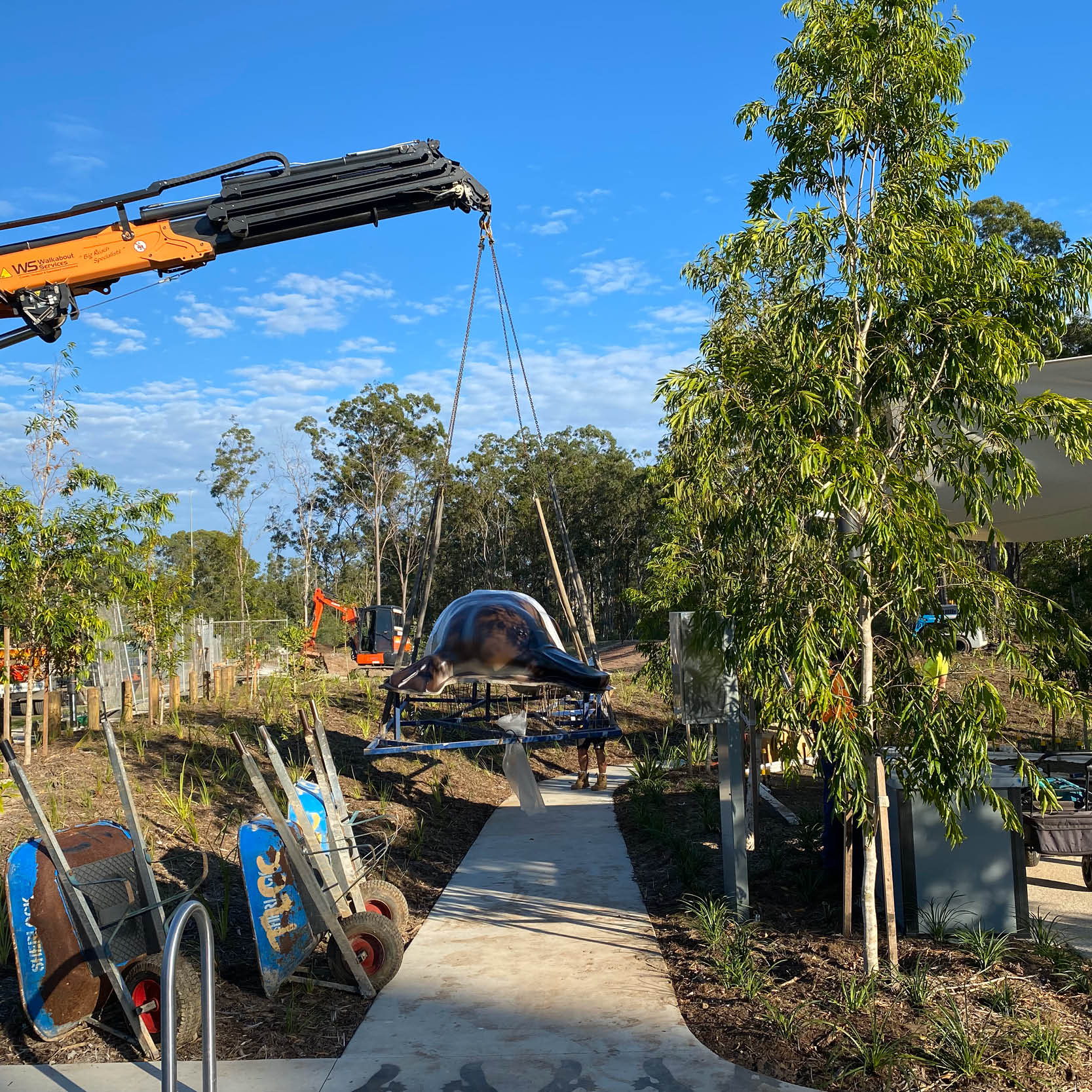 Natureworks Australia Platypus Slide installed in a playground custom sculpt with artificial rock base constructed onsite by Natureworks team. - crane holding the platypus and ready to put into place