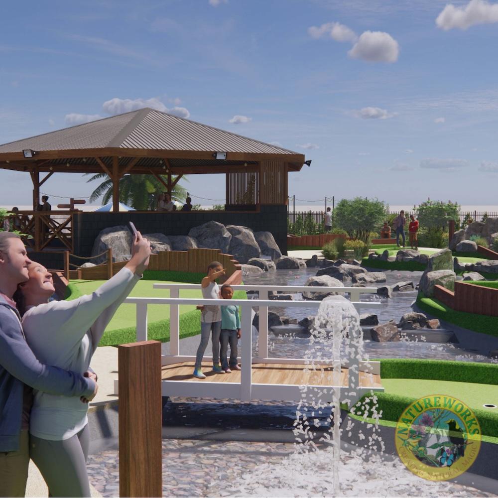 CAD visualisation of minigolf concept showing visitors taking selfies