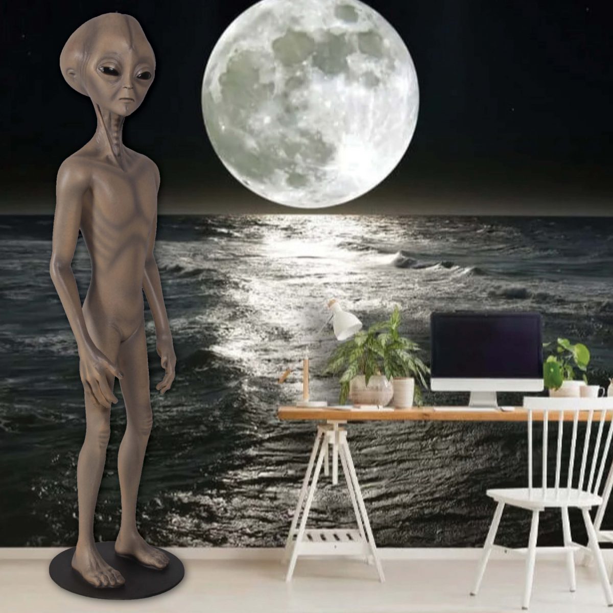 Natureworks Australia Alien - Roswell - 4ft statue - grey tones - very elegant - shown inside with moon mural backdrop