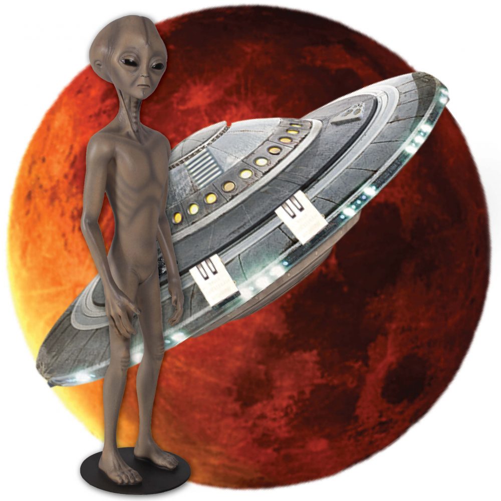 Alien - Roswell - 4ft statue - grey tones - very elegant - shown with spaceship and planet background