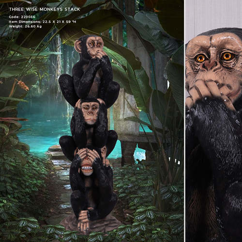 A unique lifesize three wise monkey stack statue