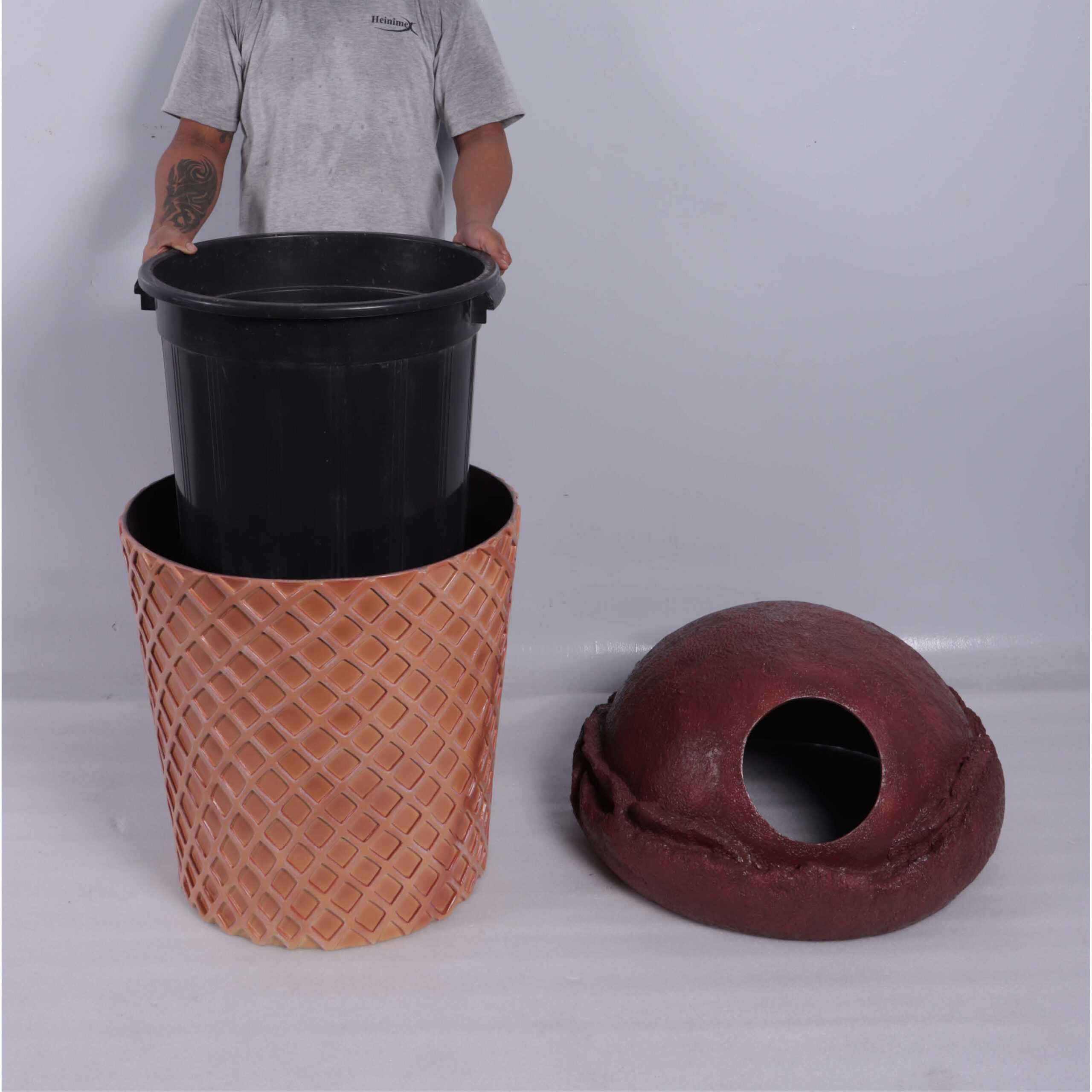 Natureworks Australia Ice Cream Trash Can- Chocolate - 190040choco - showing internal bin insert with lid removed