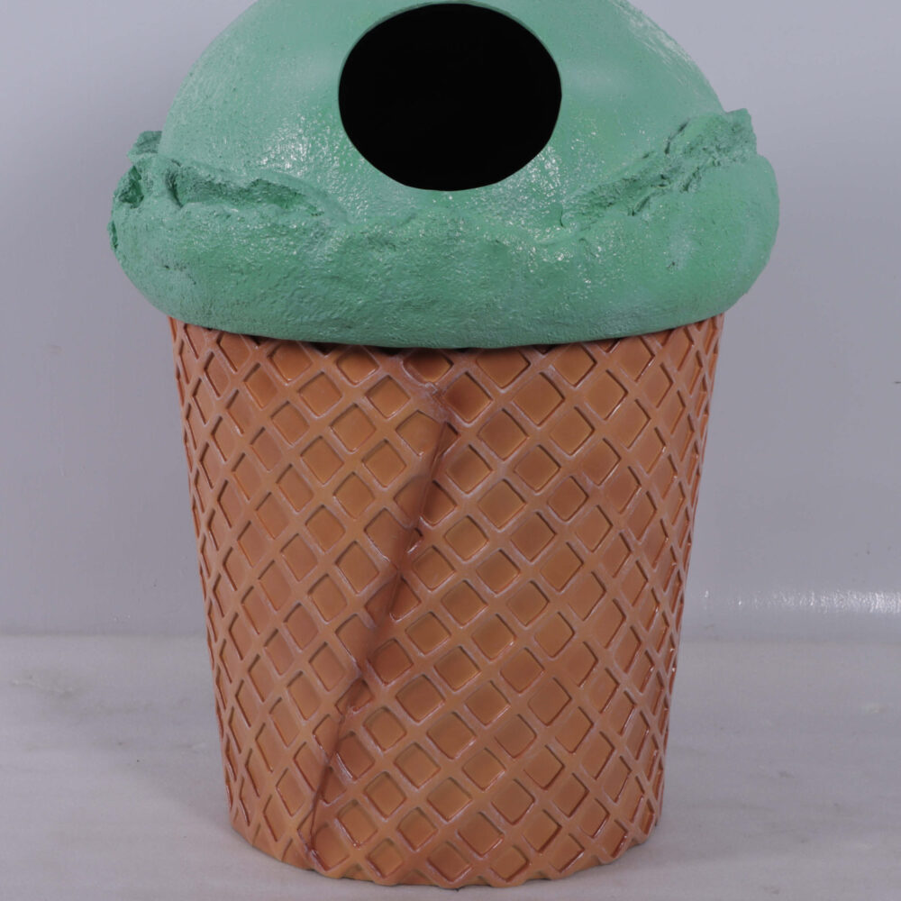 Trash Can - Ice cream cone themed garbage bin with removable lid - mint green - 190040MintG- side view showing waffle cone overlay -just like the real deal