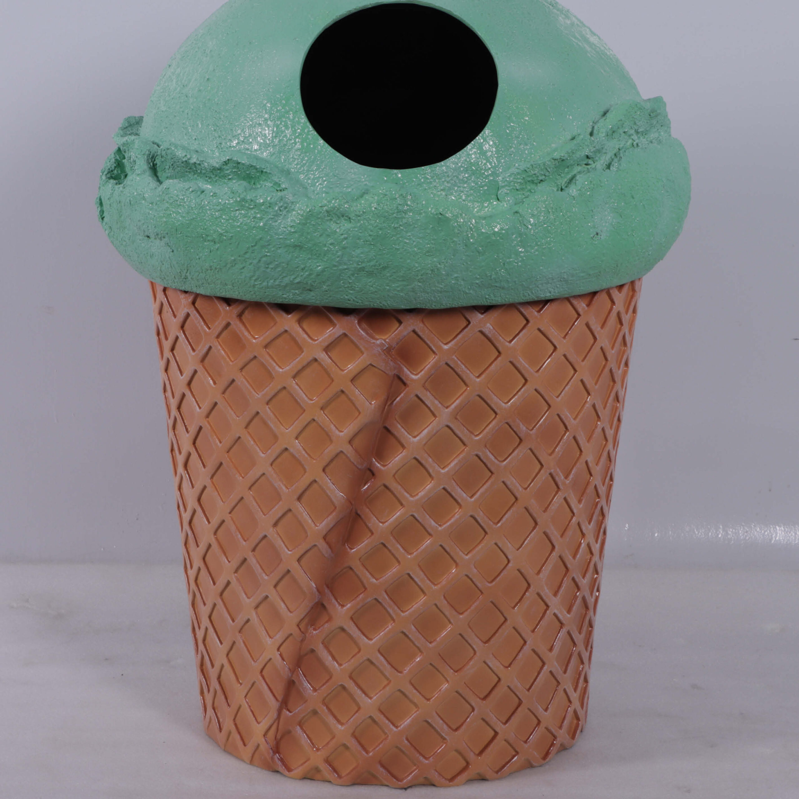 Natureworks Australia Trash Can - Ice cream cone themed garbage bin with removable lid - mint green - 190040MintG- side view showing waffle cone overlay -just like the real deal
