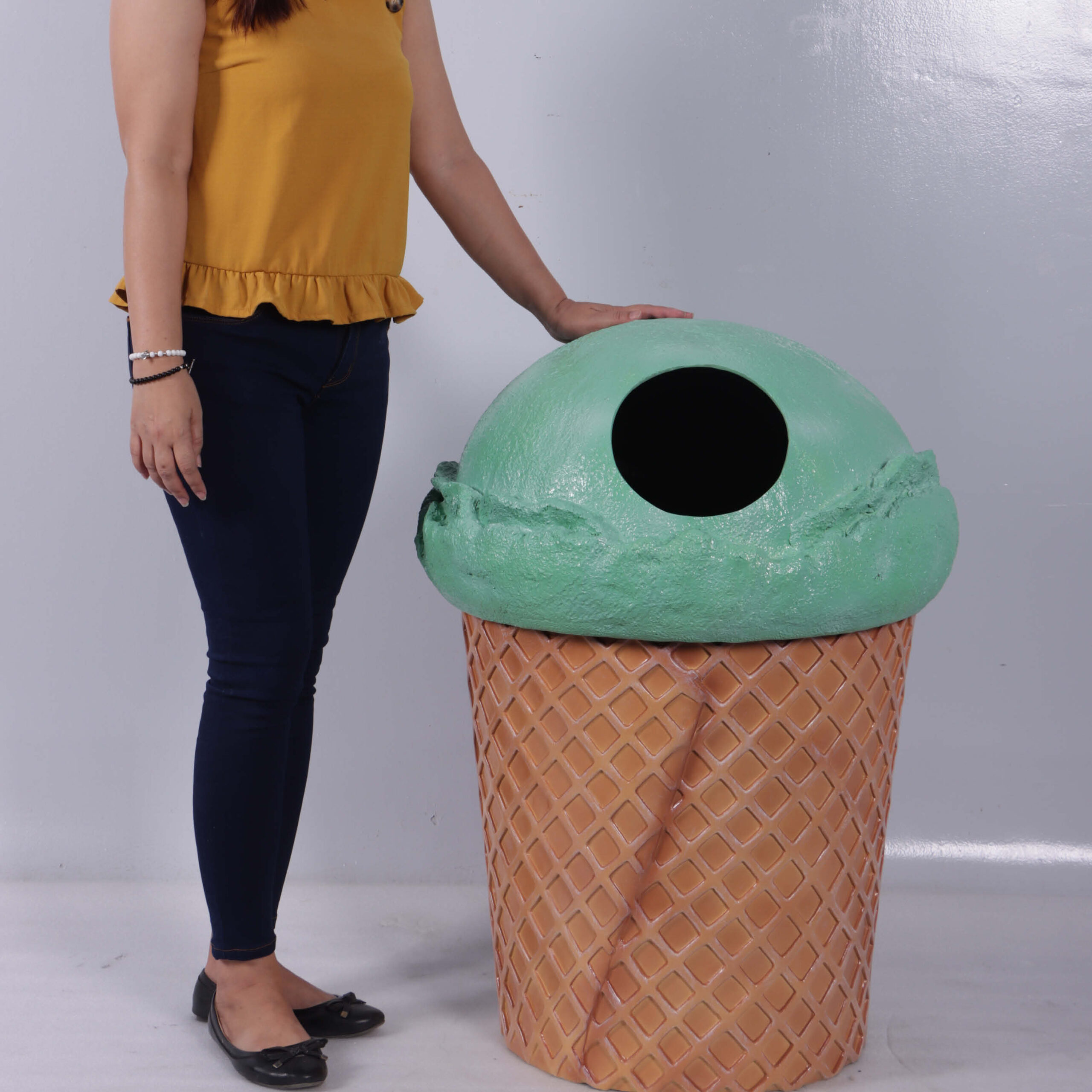 Natureworks Australia Trash Can - Ice cream cone themed garbage bin with removable lid - mint green - 190040MintG- shown with lady