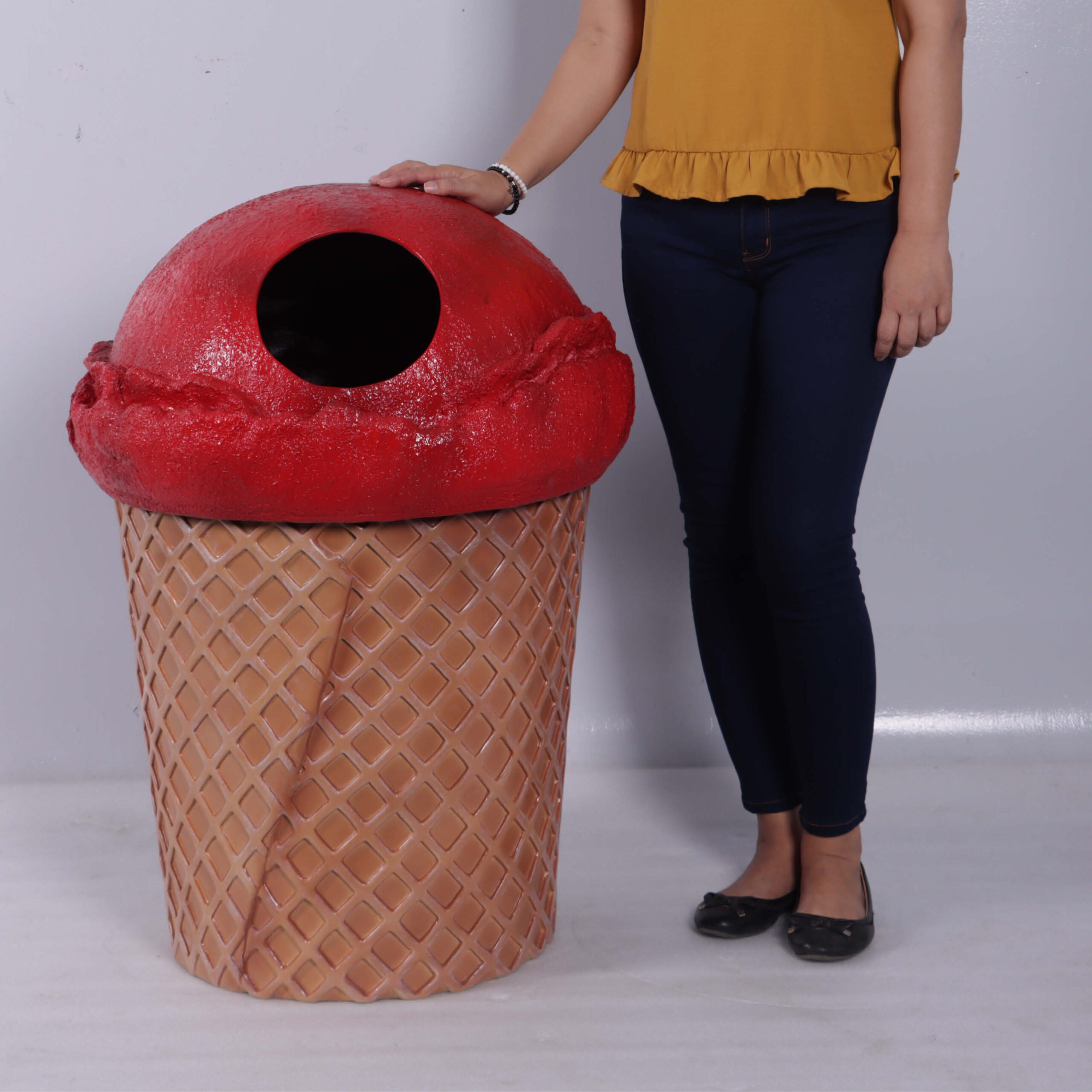 Natureworks Australia Trash Can - Strawberry ice cream scoop lid - with plastic insert - 190040S- shwon with lady