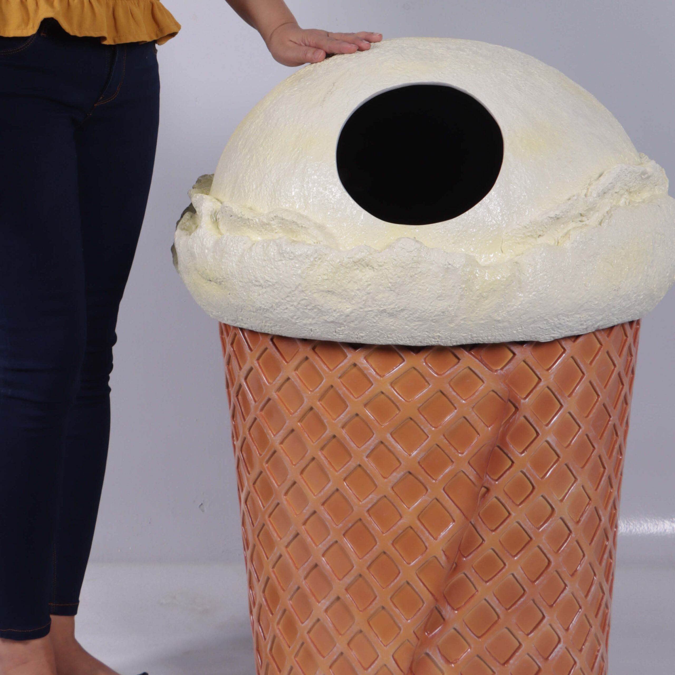 Natureworks Australia Trash Can - Vanilla ice cream themed rubbish bin - with removable lid 190040V- shown with lady