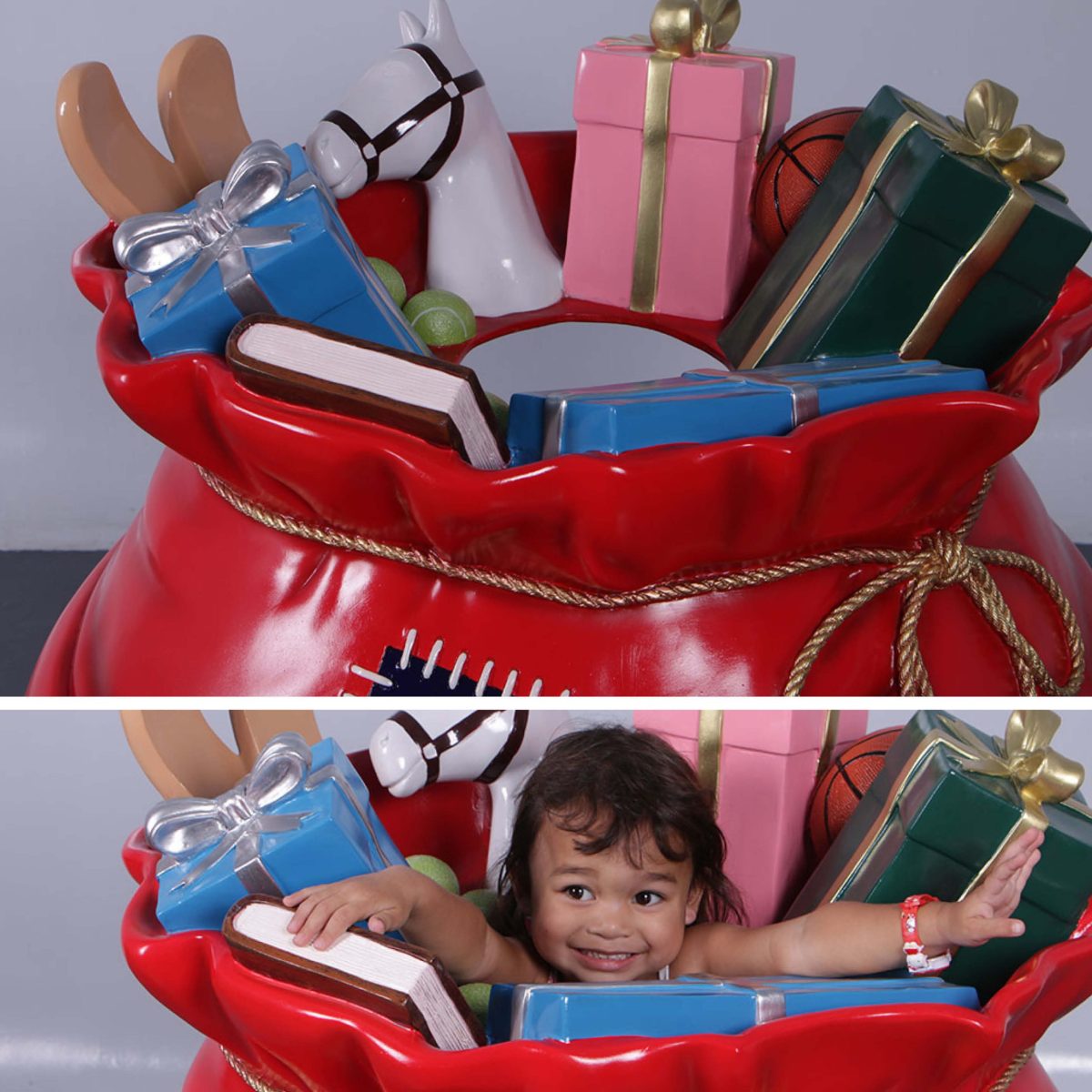 Natureworks Australia Santas Gift Sack - Photo Opportunity - bright red with gifts - showing gifts and child inside