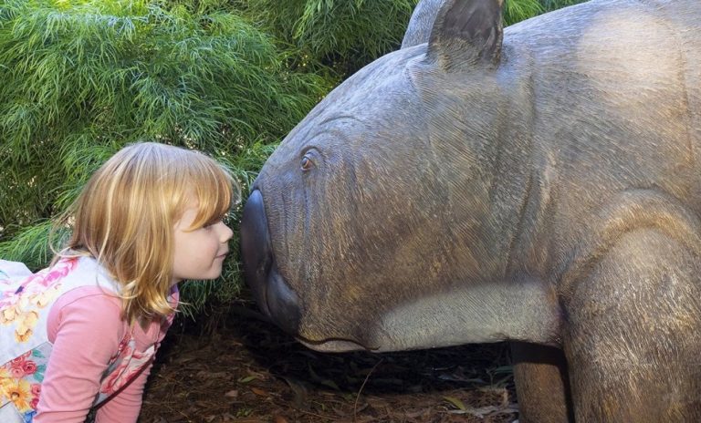 Young girl with phascolonus megafauna sculpture