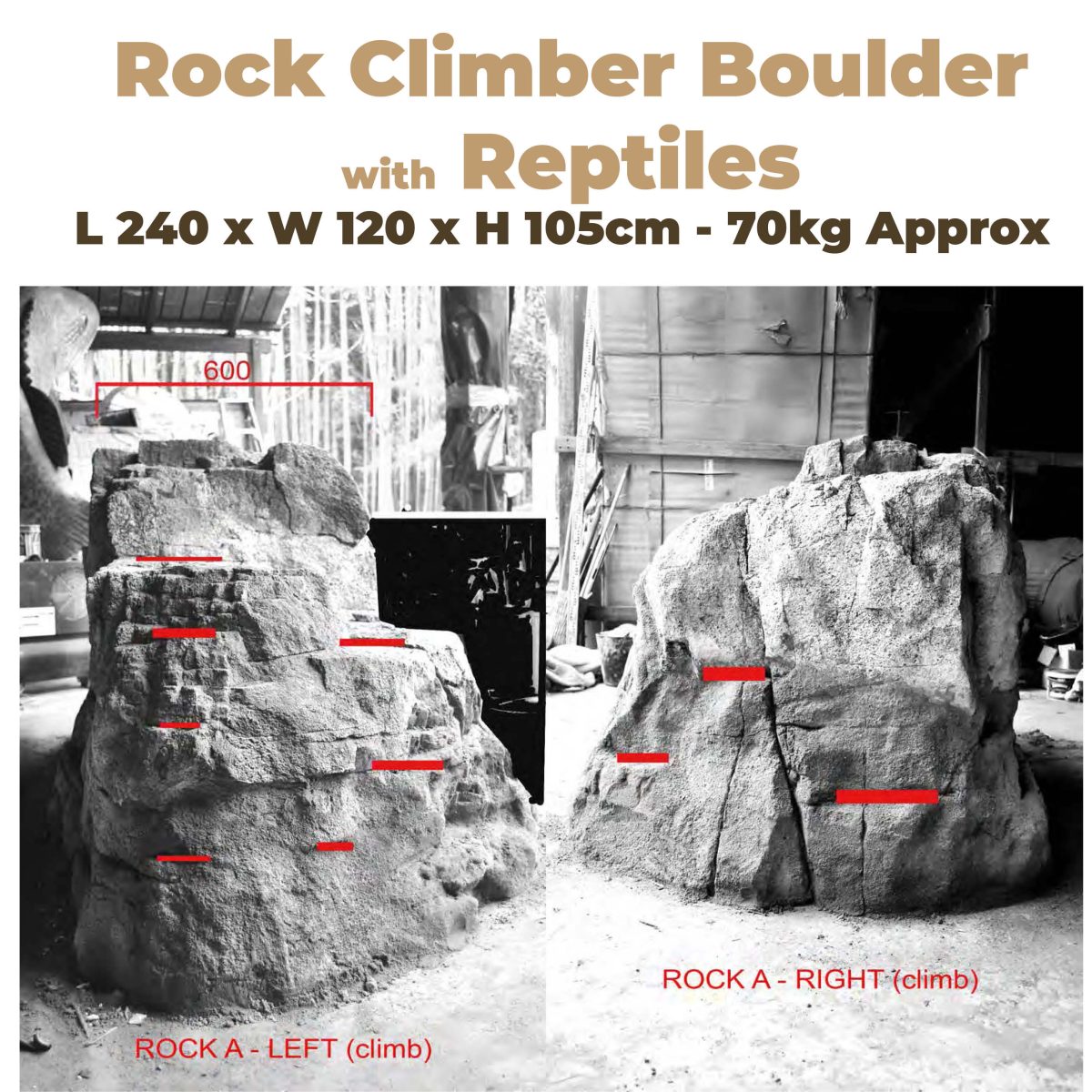 Natureworks Australia Rock Boulder Climber with Reptiles showing left and right measurements