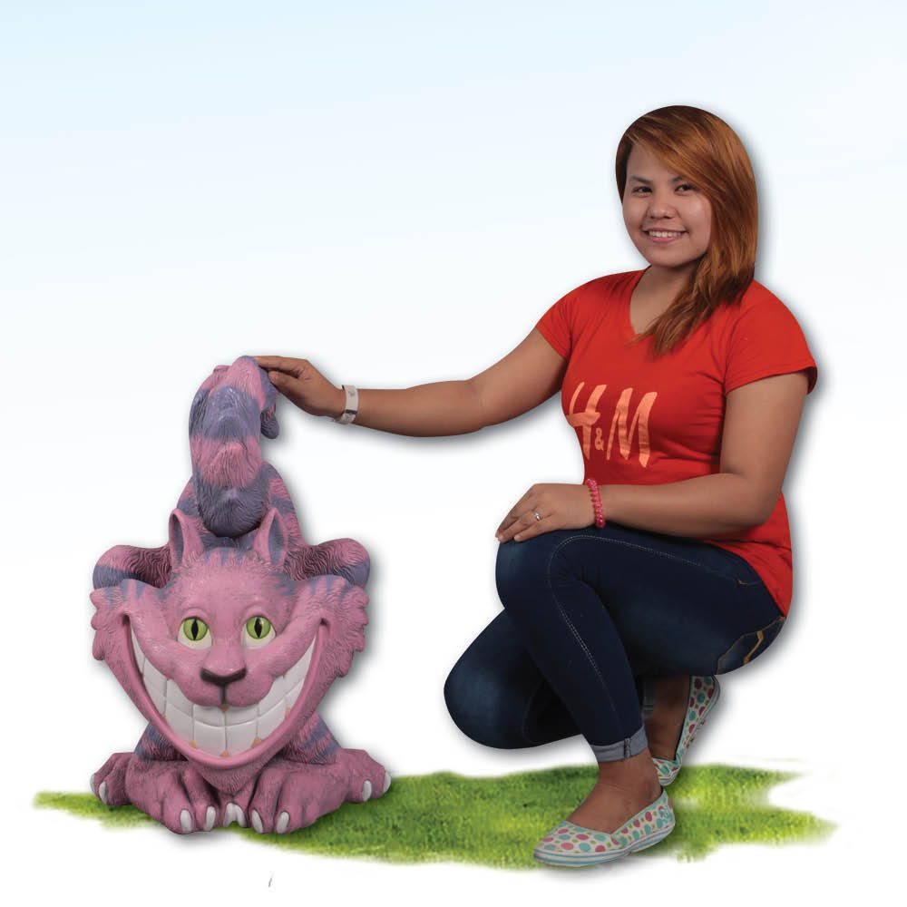 Natureworks Australia Cheshsire Cat Statue - Photo- Alice in wonderland prop - shown with lady