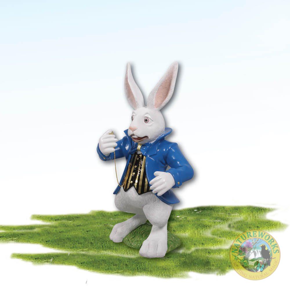 Alice in Wonderland White Rabbit Statue with blue jacket and pocket watch