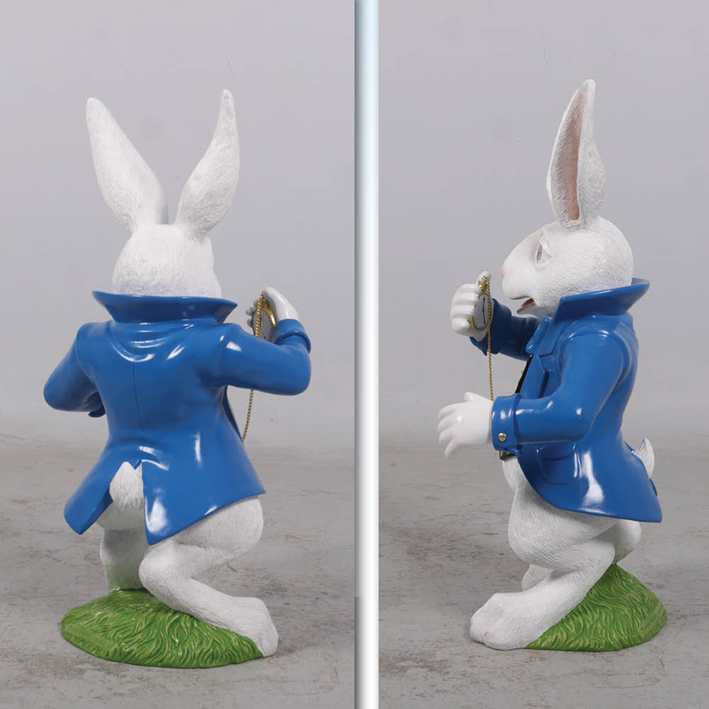 Natureworks Australia Alice in Wonderland White Rabbit Statue with blue jacket and pocket watch - showing rear and side view of statue- photo