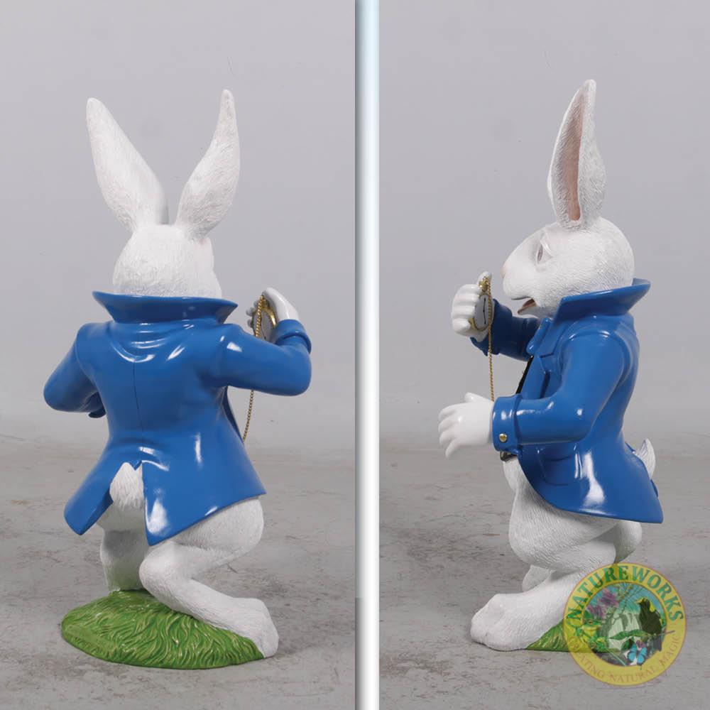 Natureworks Australia Alice in Wonderland White Rabbit Statue with blue jacket and pocket watch - showing rear and side view of statue- photo
