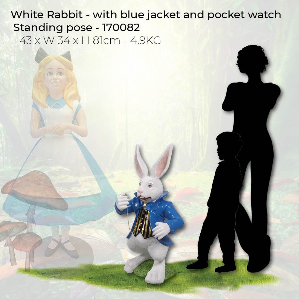 Natureworks Australia Alice in Wonderland White Rabbit Statue with blue jacket and pocket watch - wiht silhouette for size reference